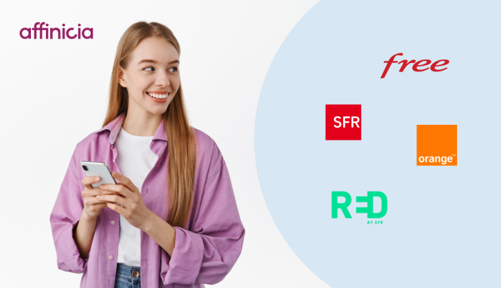 Jeune étudiant en train de téléphoner + logo de partenaire Bouygues, SFR, Free, Red by SFR, Orange